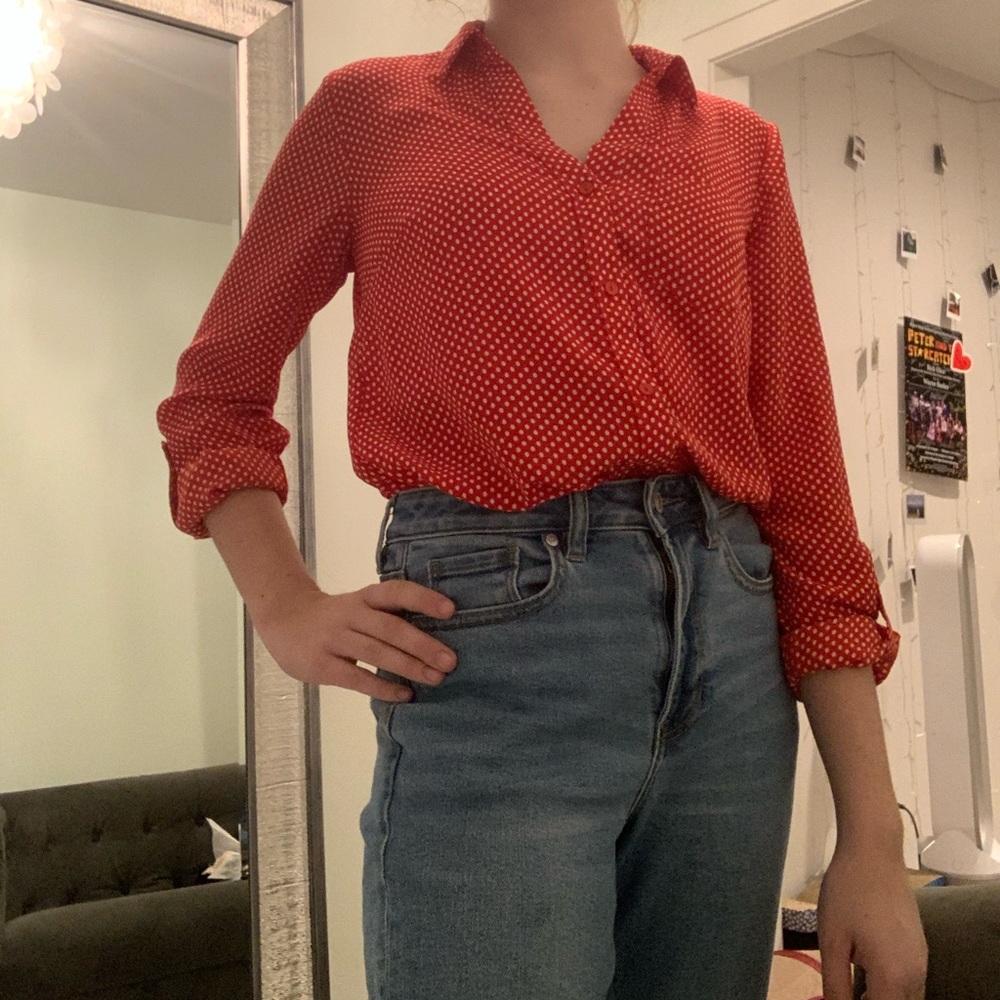 Button Up Red Blouse with White Polka Dots